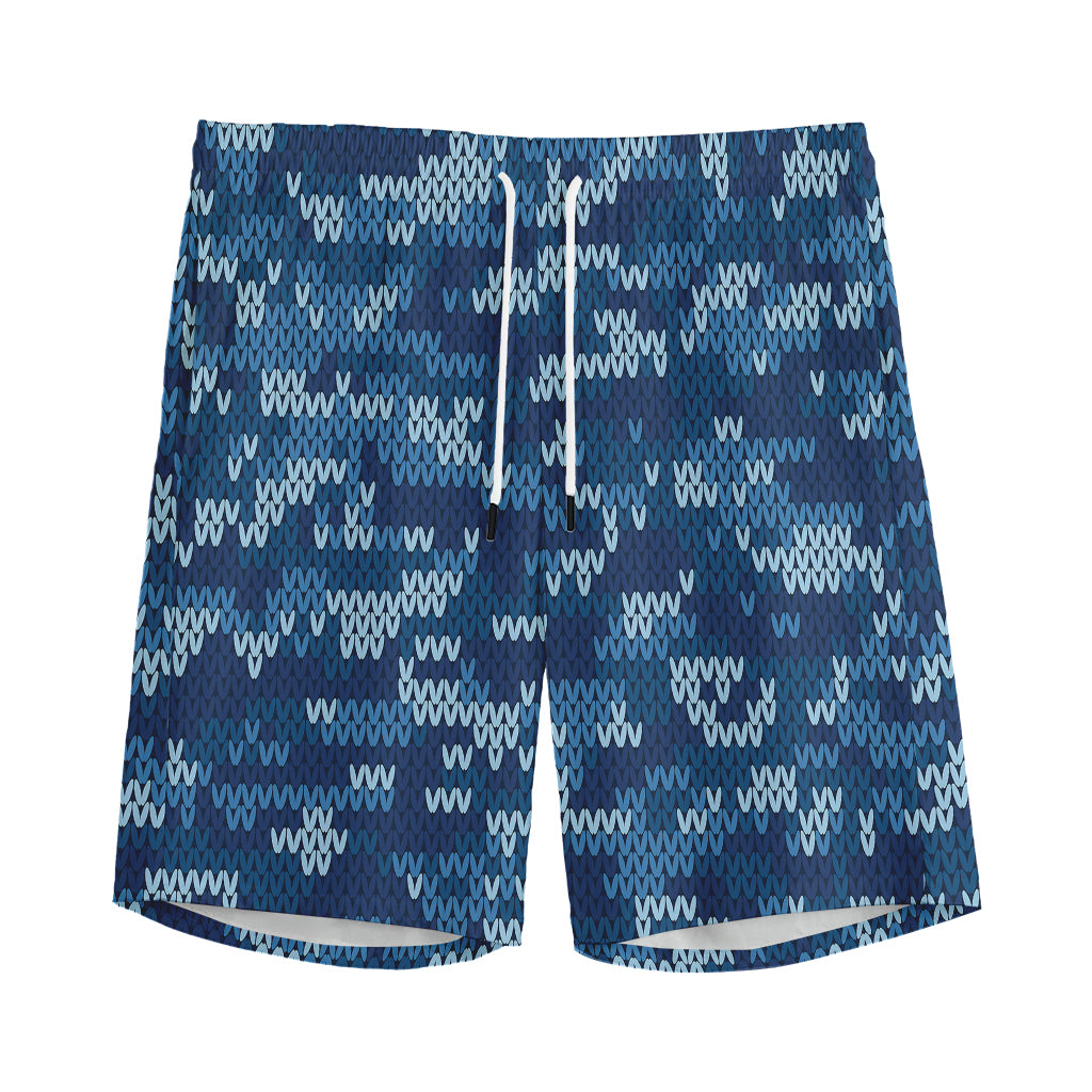 Blue Camouflage Knitted Pattern Print Men's Sports Shorts