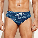 Blue Camouflage Knitted Pattern Print Men's Swim Briefs