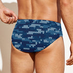 Blue Camouflage Knitted Pattern Print Men's Swim Briefs