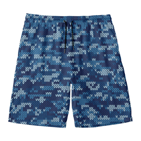 Blue Camouflage Knitted Pattern Print Men's Swim Trunks