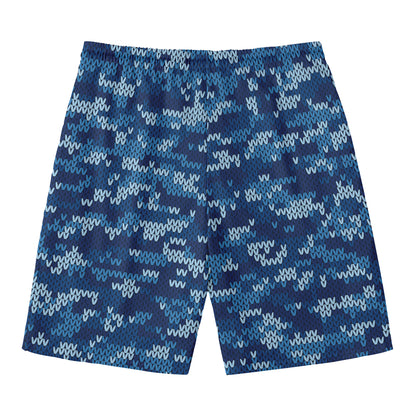 Blue Camouflage Knitted Pattern Print Men's Swim Trunks