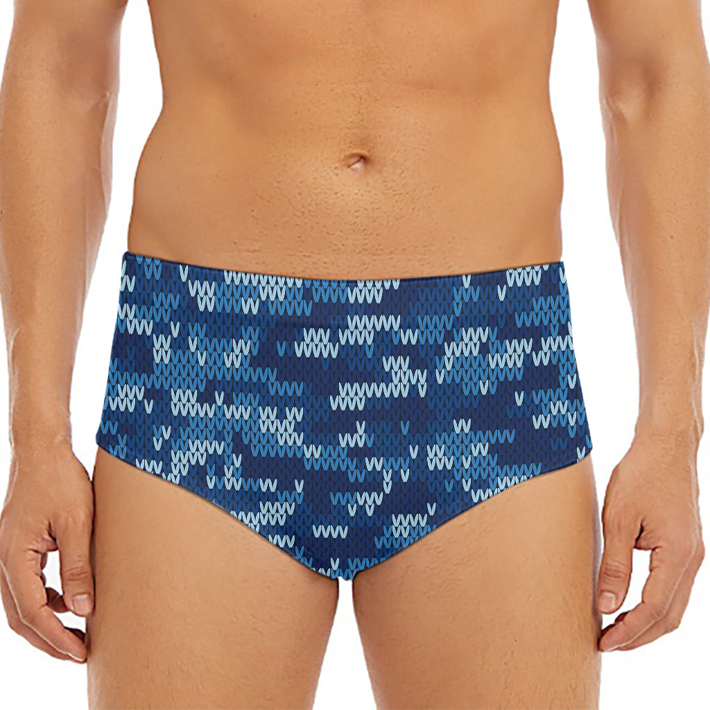 Blue Camouflage Knitted Pattern Print Men's Triangle Swim Briefs