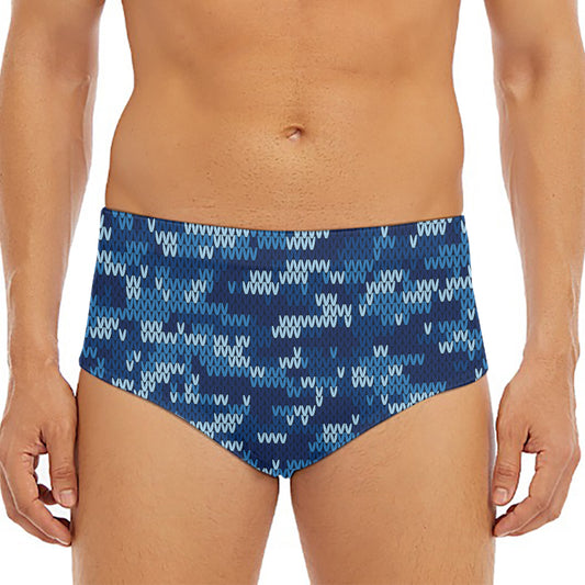 Blue Camouflage Knitted Pattern Print Men's Triangle Swim Briefs