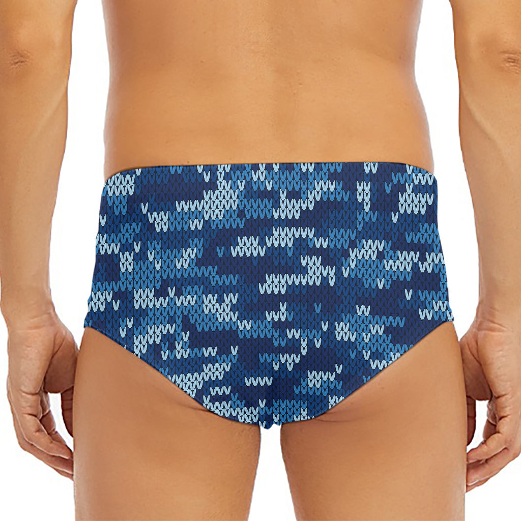 Blue Camouflage Knitted Pattern Print Men's Triangle Swim Briefs