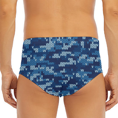 Blue Camouflage Knitted Pattern Print Men's Triangle Swim Briefs