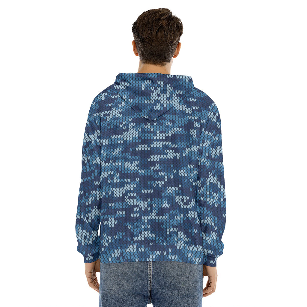 Blue Camouflage Knitted Pattern Print Men's Velvet Pullover Hoodie
