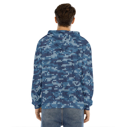 Blue Camouflage Knitted Pattern Print Men's Velvet Pullover Hoodie