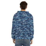 Blue Camouflage Knitted Pattern Print Men's Velvet Pullover Hoodie
