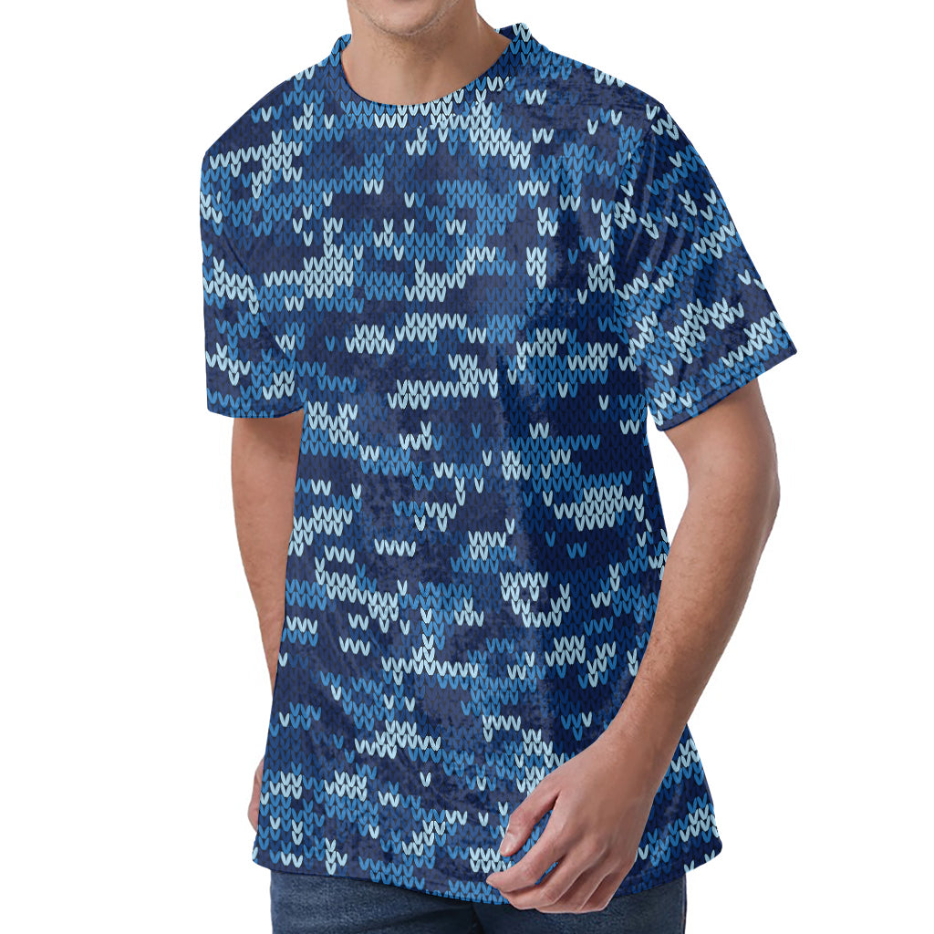 Blue Camouflage Knitted Pattern Print Men's Velvet T-Shirt