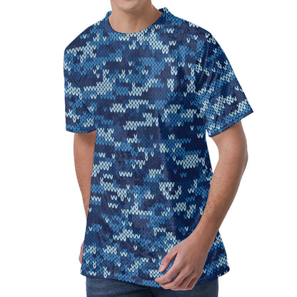 Blue Camouflage Knitted Pattern Print Men's Velvet T-Shirt