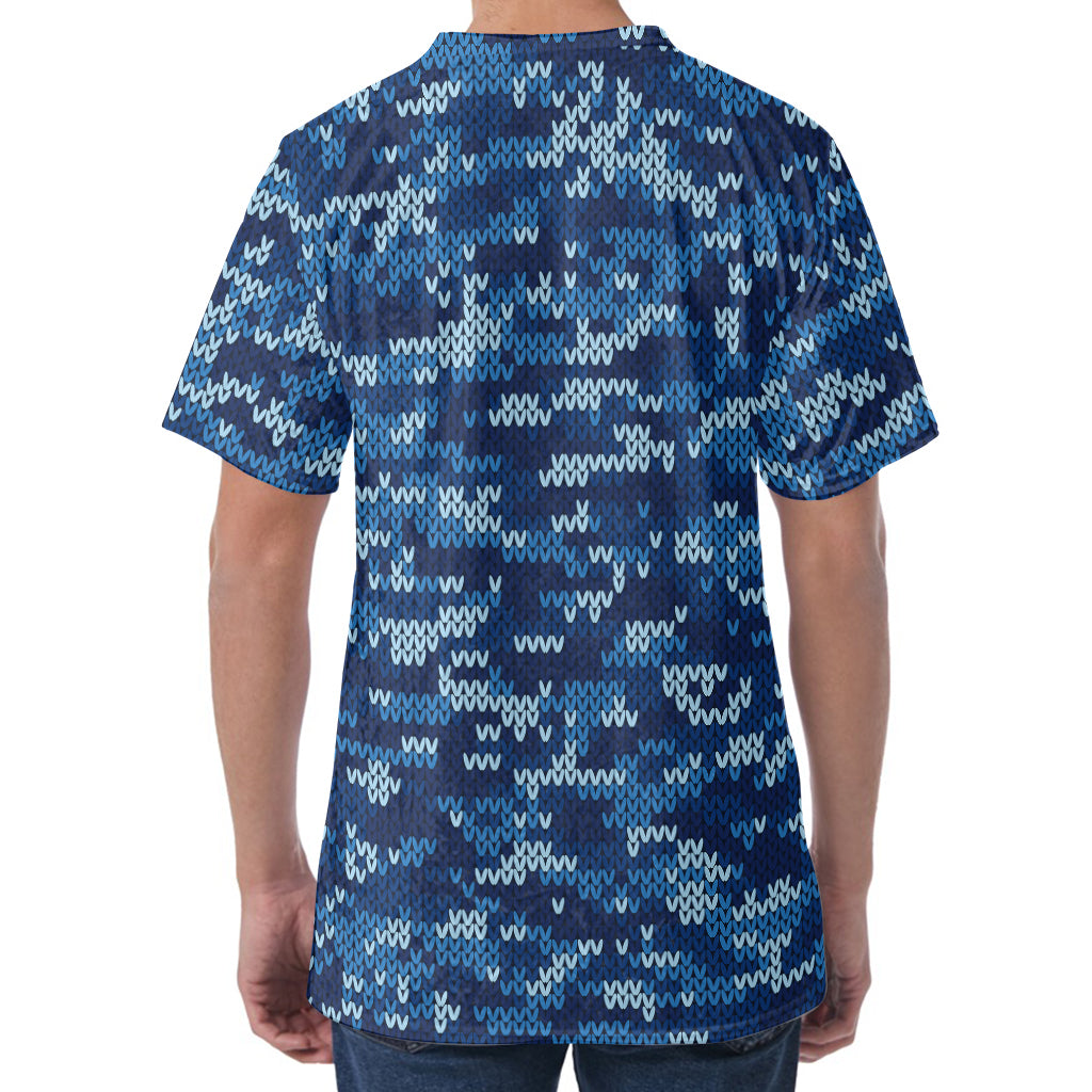 Blue Camouflage Knitted Pattern Print Men's Velvet T-Shirt