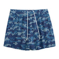 Blue Camouflage Knitted Pattern Print Mesh Shorts