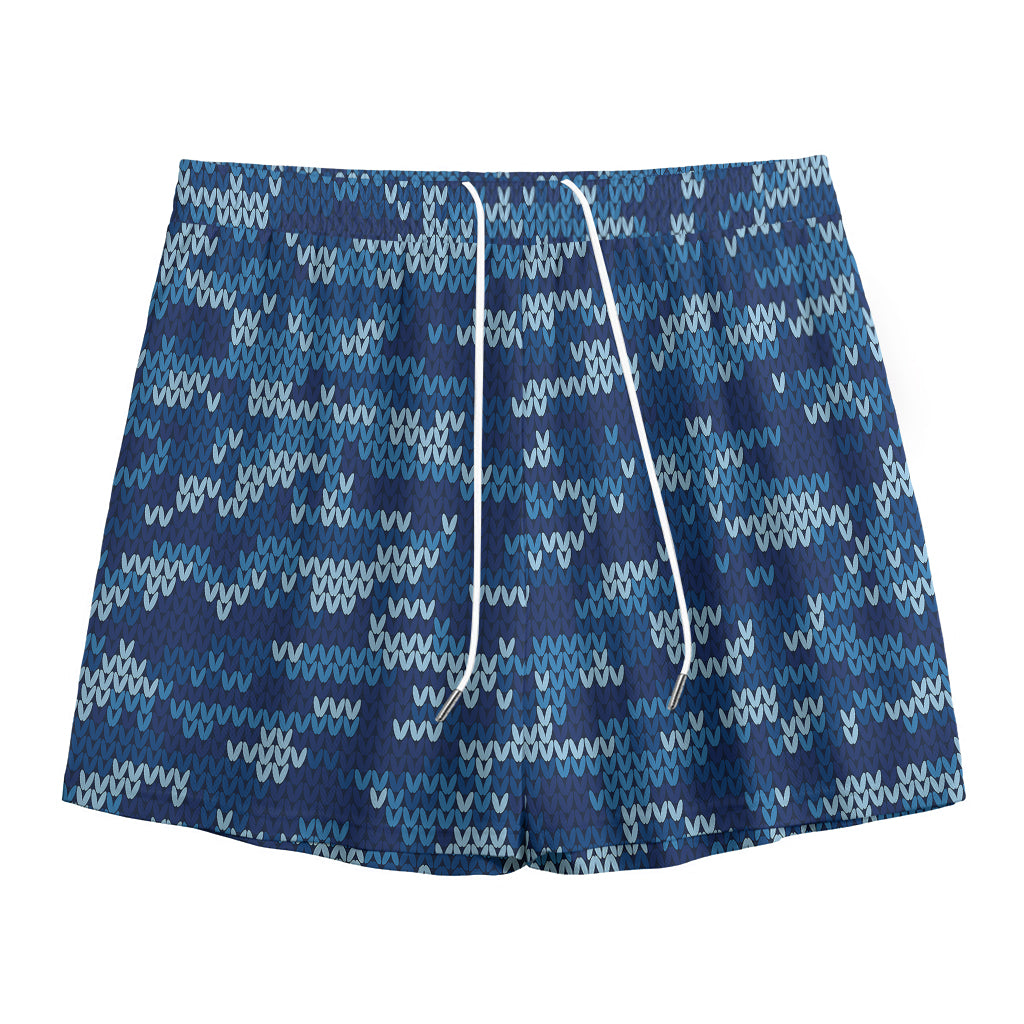 Blue Camouflage Knitted Pattern Print Mesh Shorts