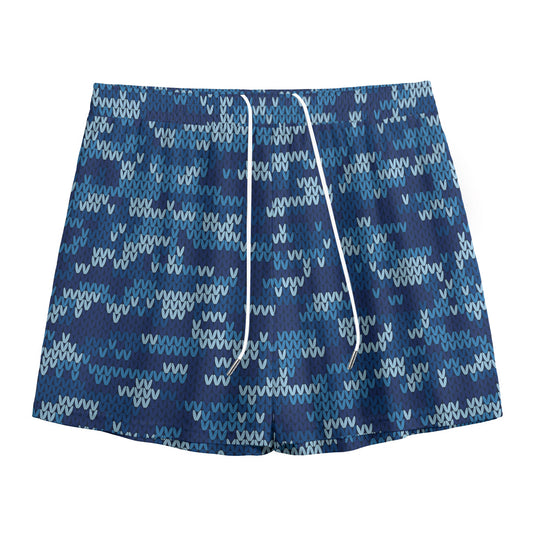 Blue Camouflage Knitted Pattern Print Mesh Shorts