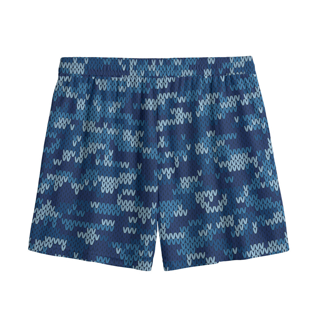 Blue Camouflage Knitted Pattern Print Mesh Shorts