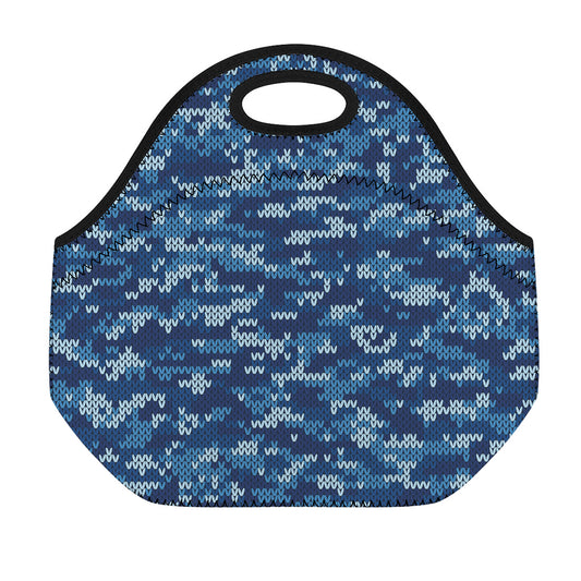 Blue Camouflage Knitted Pattern Print Neoprene Lunch Bag