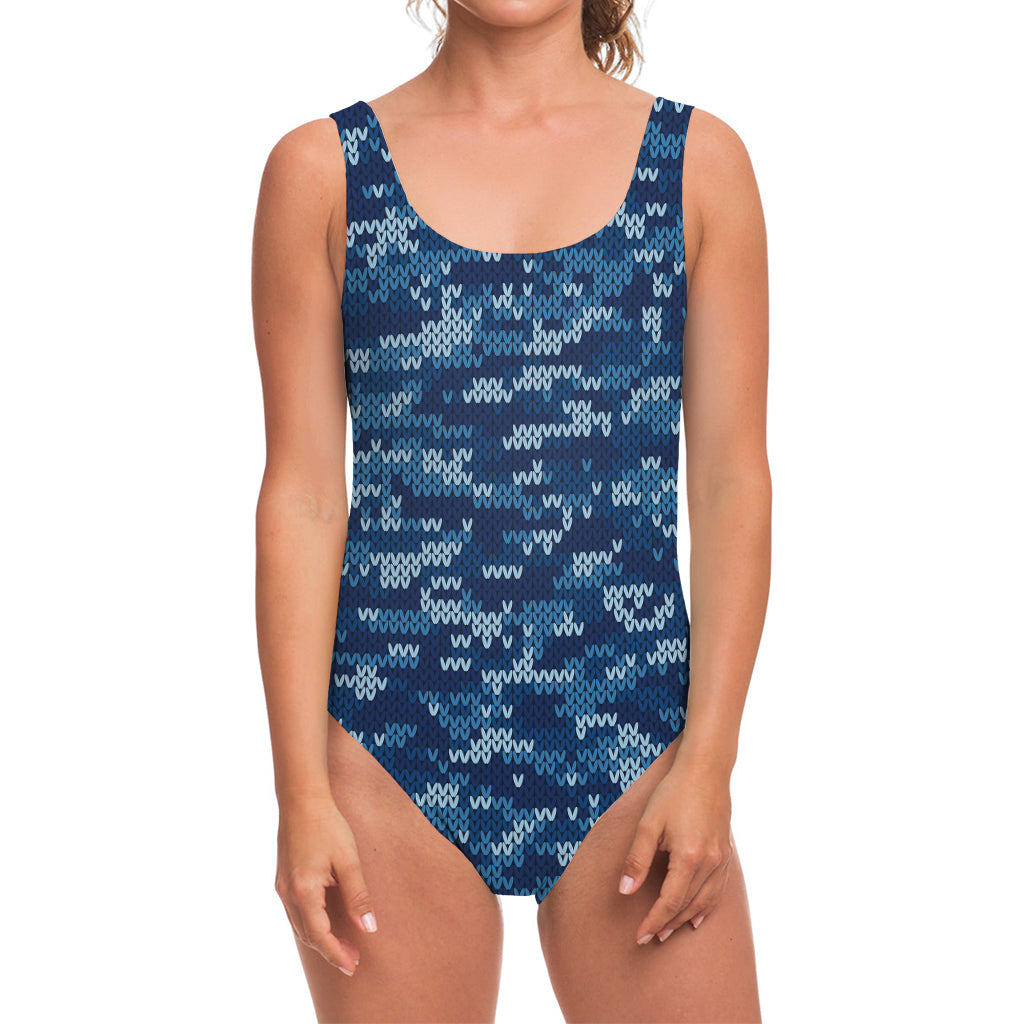 Blue Camouflage Knitted Pattern Print One Piece Swimsuit