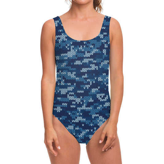 Blue Camouflage Knitted Pattern Print One Piece Swimsuit