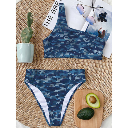 Blue Camouflage Knitted Pattern Print One Shoulder Bikini Top