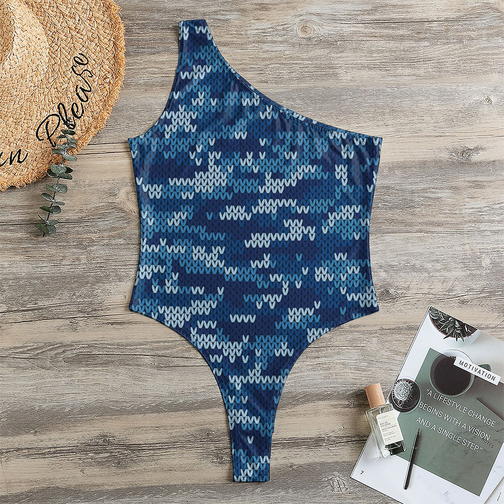 Blue Camouflage Knitted Pattern Print One Shoulder Bodysuit