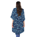 Blue Camouflage Knitted Pattern Print Open Front Beach Cover Up