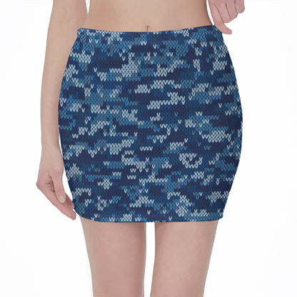 Blue Camouflage Knitted Pattern Print Pencil Mini Skirt