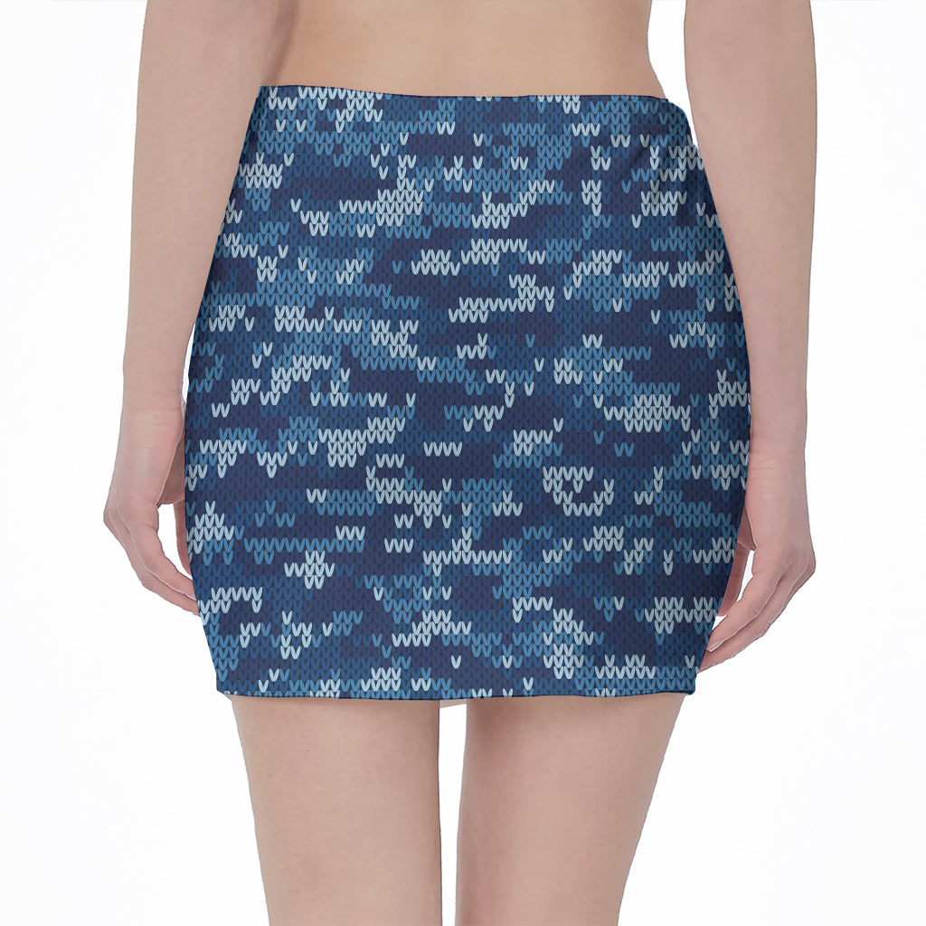 Blue Camouflage Knitted Pattern Print Pencil Mini Skirt