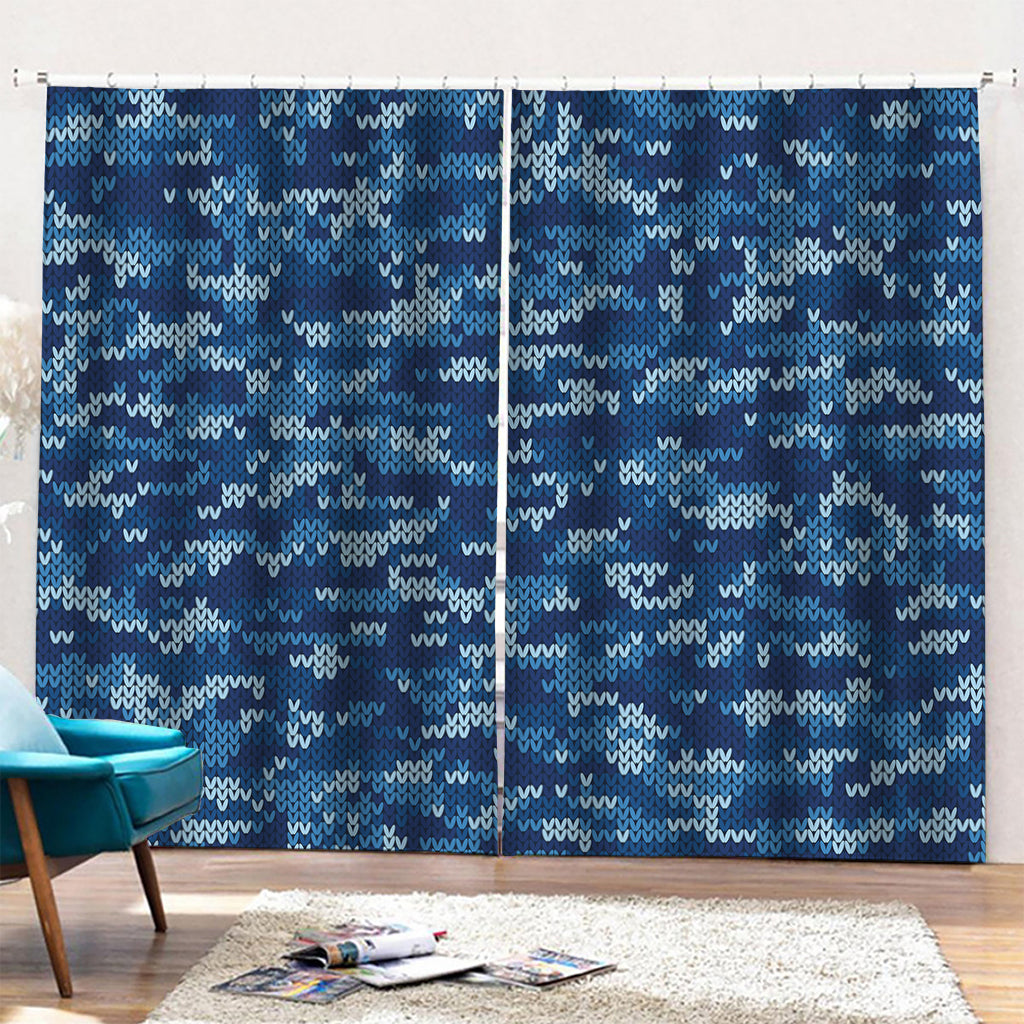 Blue Camouflage Knitted Pattern Print Pencil Pleat Curtains