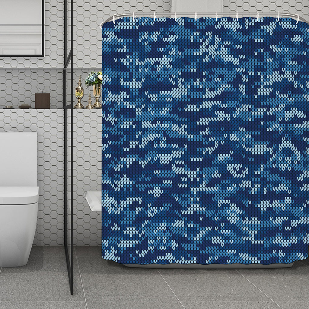 Blue Camouflage Knitted Pattern Print Polyester Shower Curtain