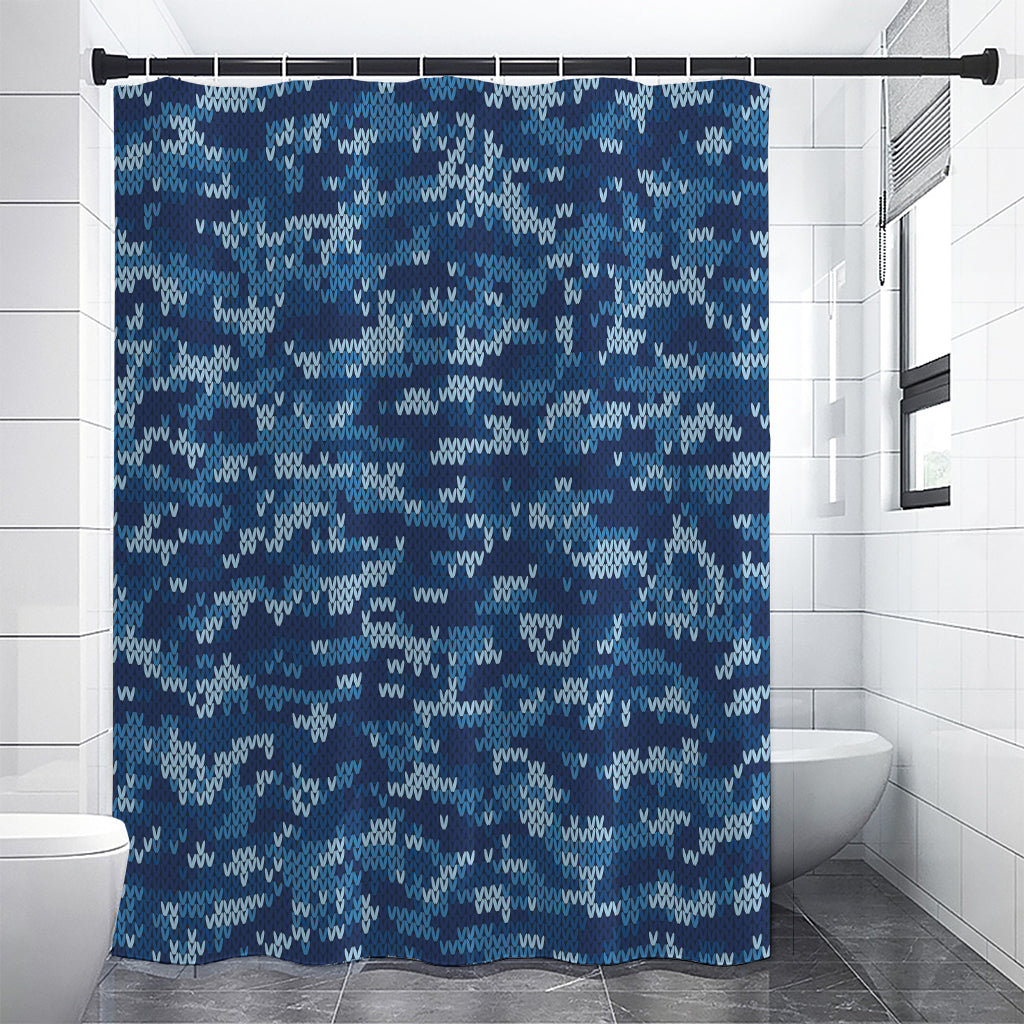 Blue Camouflage Knitted Pattern Print Premium Shower Curtain