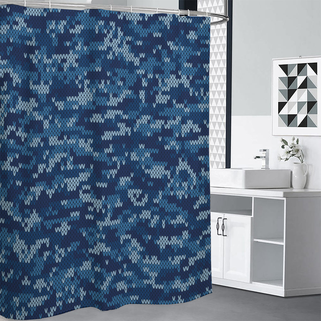 Blue Camouflage Knitted Pattern Print Premium Shower Curtain