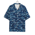Blue Camouflage Knitted Pattern Print Rayon Hawaiian Shirt