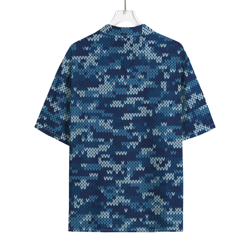 Blue Camouflage Knitted Pattern Print Rayon Hawaiian Shirt