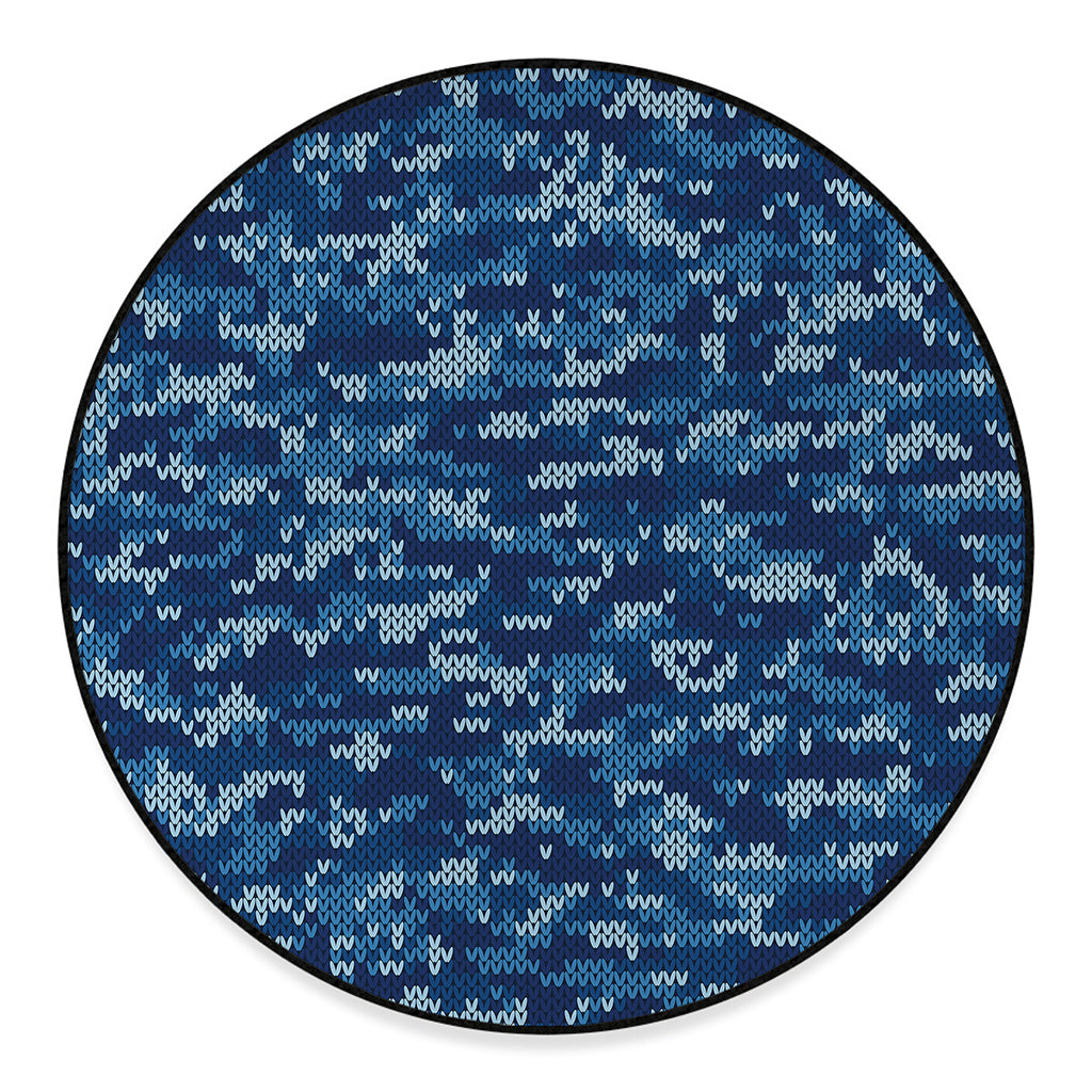 Blue Camouflage Knitted Pattern Print Round Floor Mat