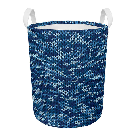 Blue Camouflage Knitted Pattern Print Round Laundry Basket