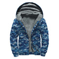 Blue Camouflage Knitted Pattern Print Sherpa Lined Zip Up Hoodie