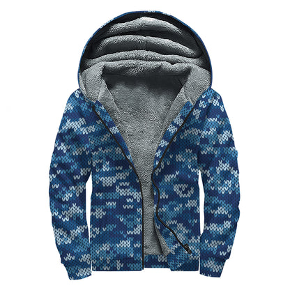 Blue Camouflage Knitted Pattern Print Sherpa Lined Zip Up Hoodie