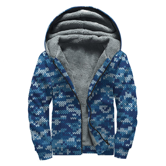 Blue Camouflage Knitted Pattern Print Sherpa Lined Zip Up Hoodie