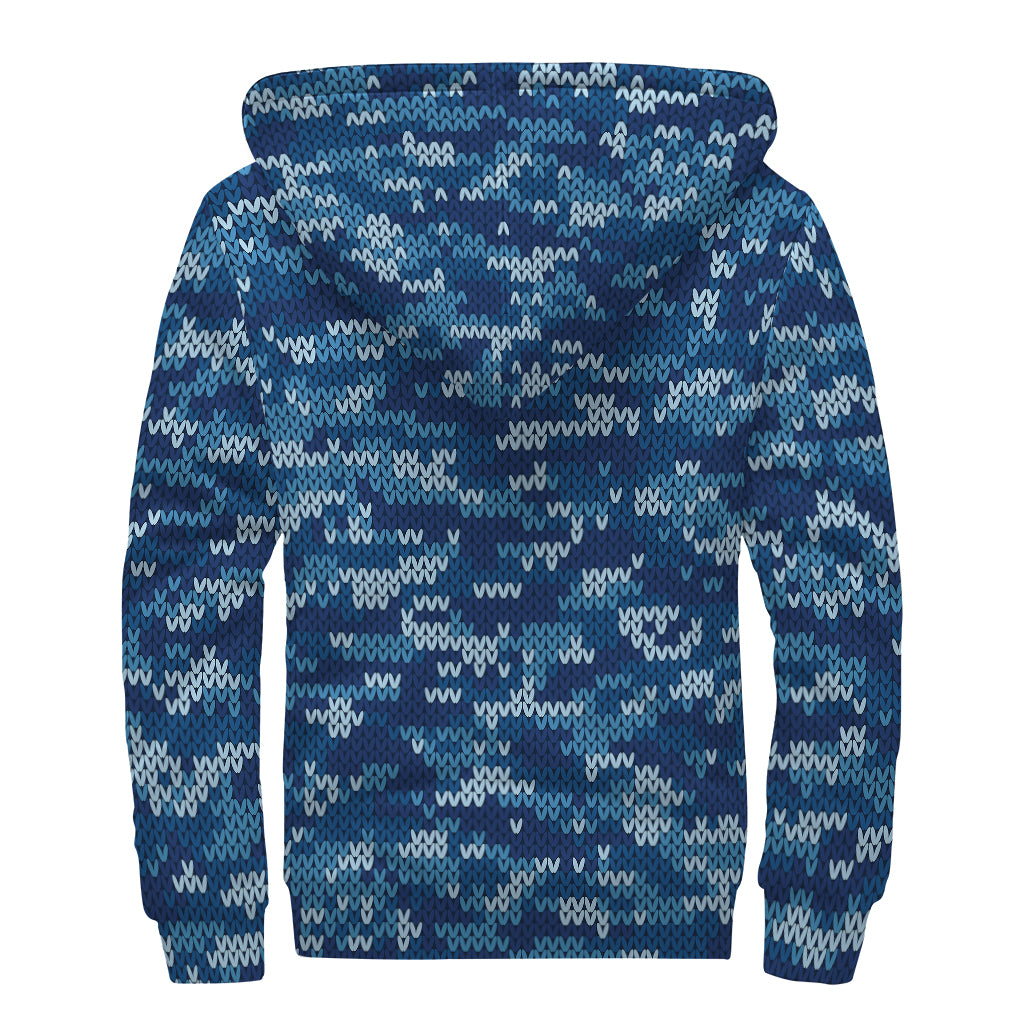 Blue Camouflage Knitted Pattern Print Sherpa Lined Zip Up Hoodie