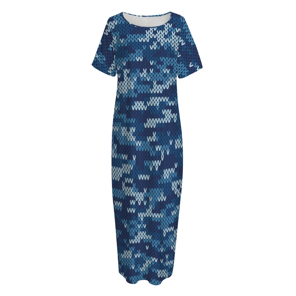 Blue Camouflage Knitted Pattern Print Short Sleeve Long Nightdress