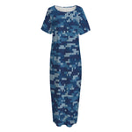 Blue Camouflage Knitted Pattern Print Short Sleeve Long Nightdress