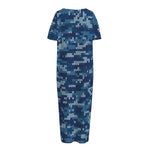 Blue Camouflage Knitted Pattern Print Short Sleeve Long Nightdress
