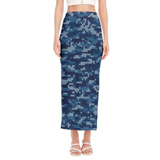Blue Camouflage Knitted Pattern Print Side Slit Maxi Skirt