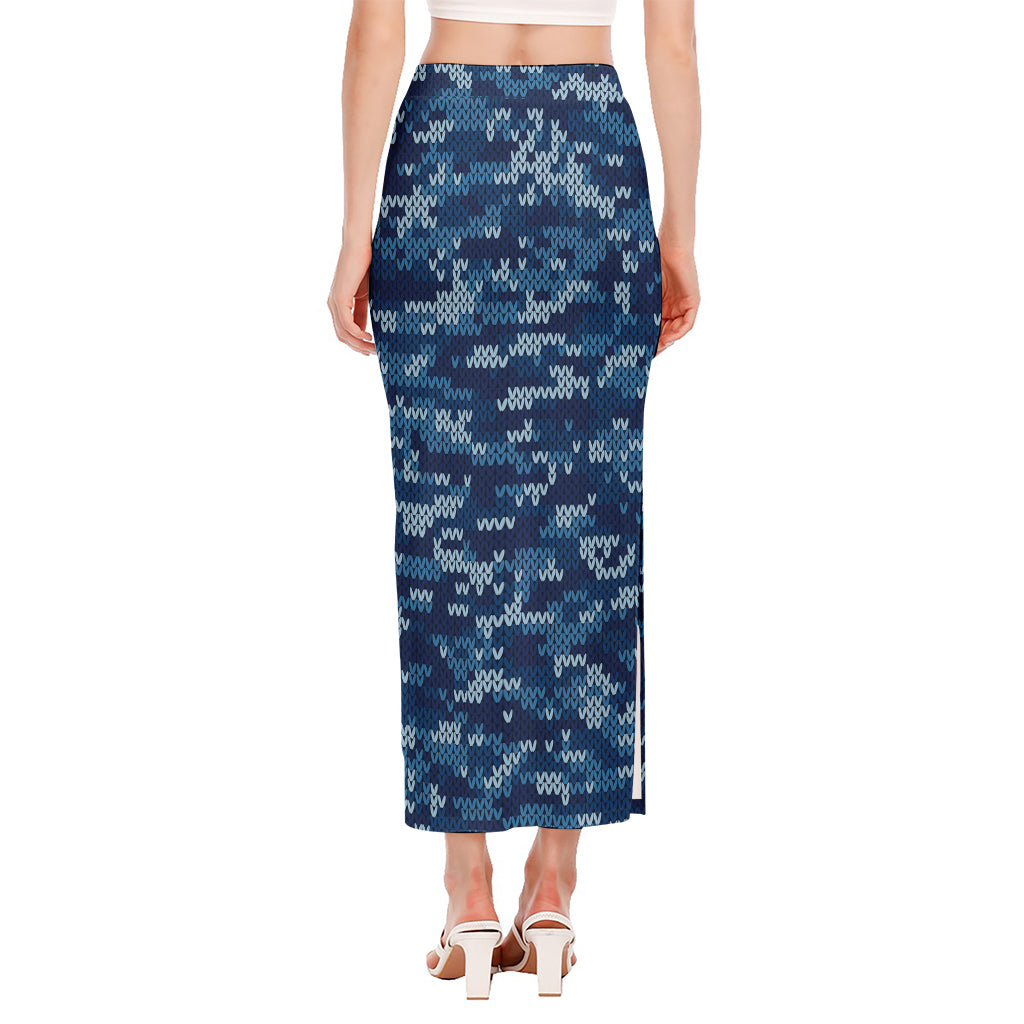 Blue Camouflage Knitted Pattern Print Side Slit Maxi Skirt