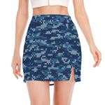 Blue Camouflage Knitted Pattern Print Side Slit Mini Skirt