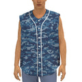 Blue Camouflage Knitted Pattern Print Sleeveless Baseball Jersey