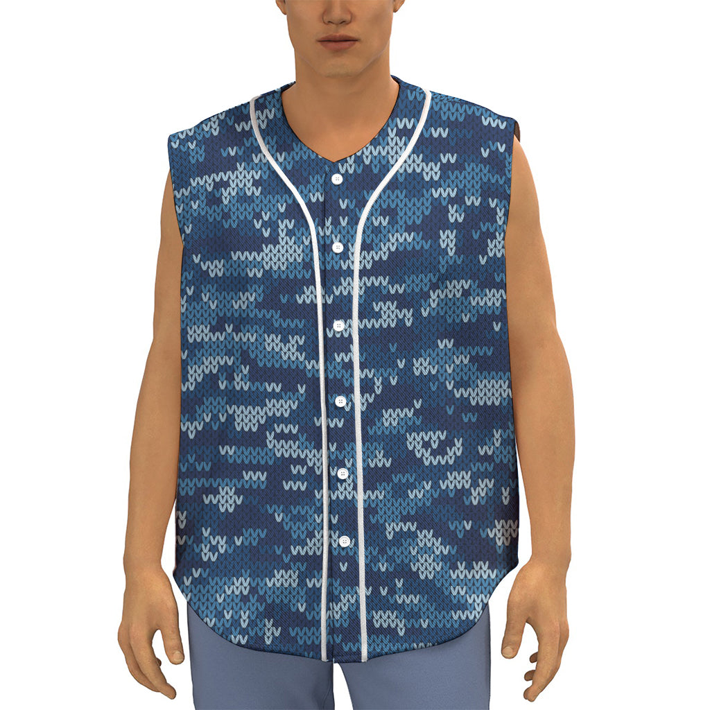 Blue Camouflage Knitted Pattern Print Sleeveless Baseball Jersey