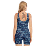 Blue Camouflage Knitted Pattern Print Sleeveless One Piece Swimsuit