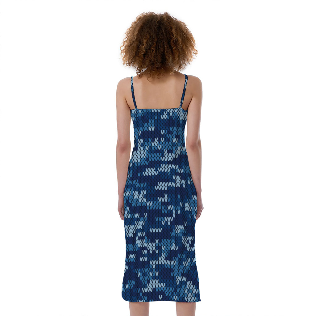 Blue Camouflage Knitted Pattern Print Slim Fit Midi Cami Dress