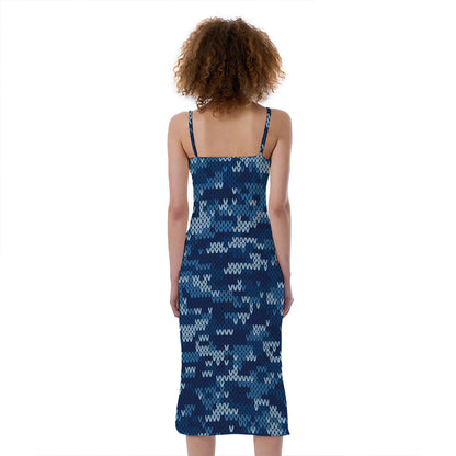 Blue Camouflage Knitted Pattern Print Slim Fit Midi Cami Dress